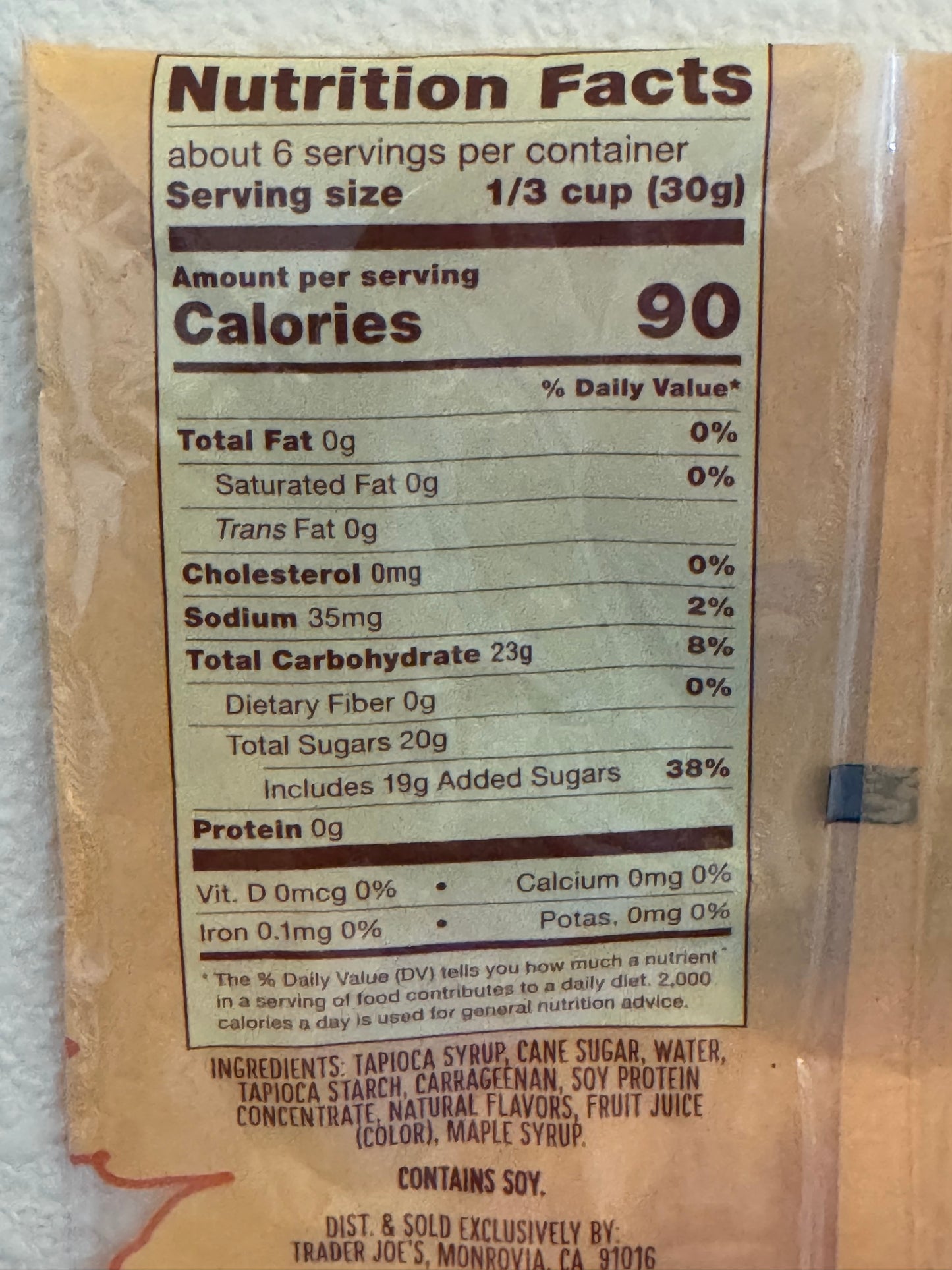 Nutrition facts label on a package with a white background