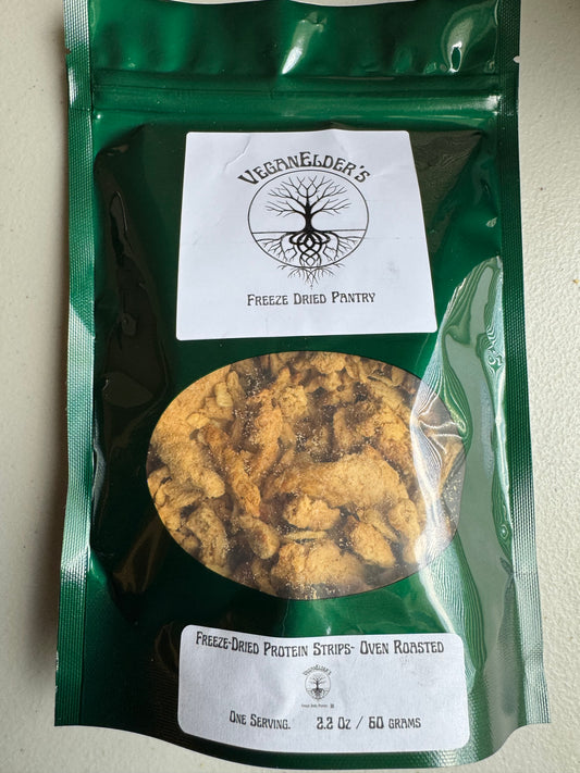 Green Package of Freeze Dried Protein Strips made from Soy beans. The flavor is Oven Roasted.
