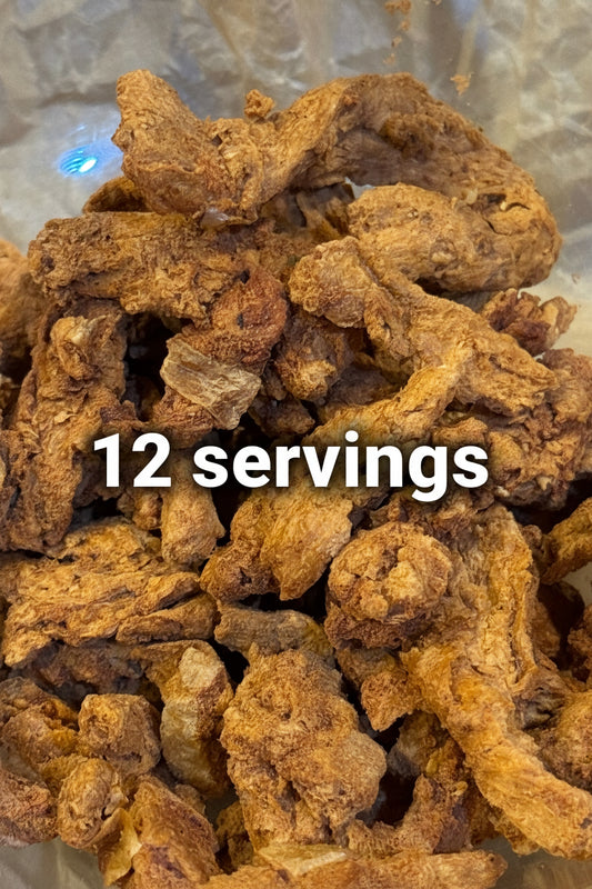 Close up of barbecue style freeze dried protein strips that look light and crunchy