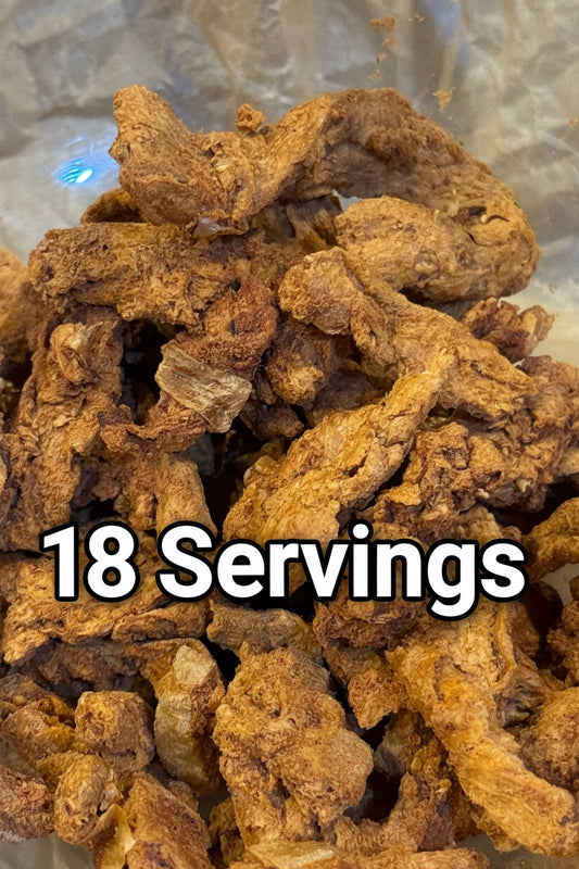 Close up of Barbecue style freeze dried protein strips that look light and crunchy