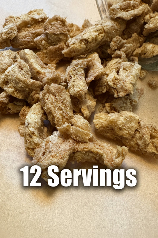 Close up of Holiday Feast style freeze dried protein strips that look light and crunchy