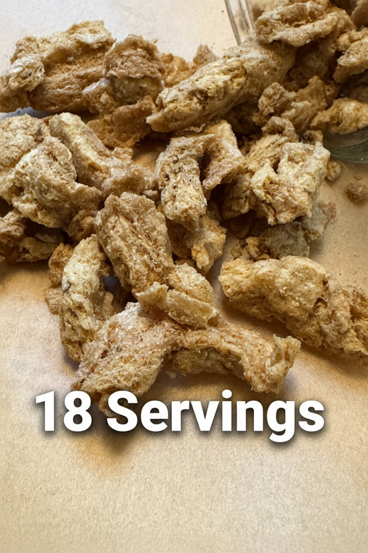 Close up of Holiday Feast style freeze dried protein strips that look light and crunchy