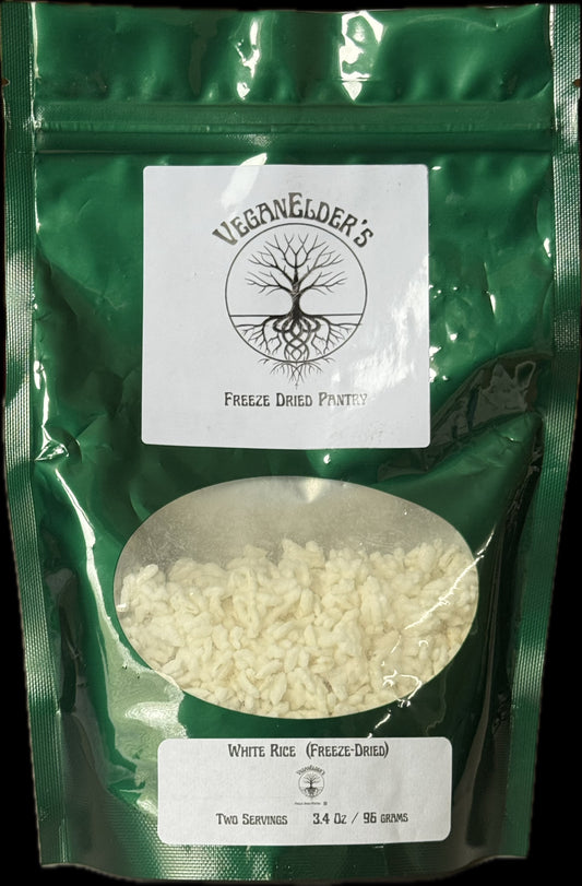 Green package of freeze-dried white rice with VeganElder's label