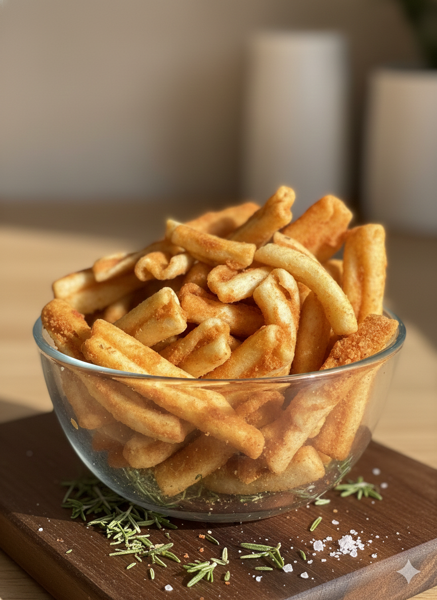 Glass bowl filled with semolina pasta that's been sauced with marinara and freeze dried to a perfectly crunchy bite.