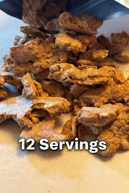 Close up of taco style freeze dried protein strips that look light and crunchy