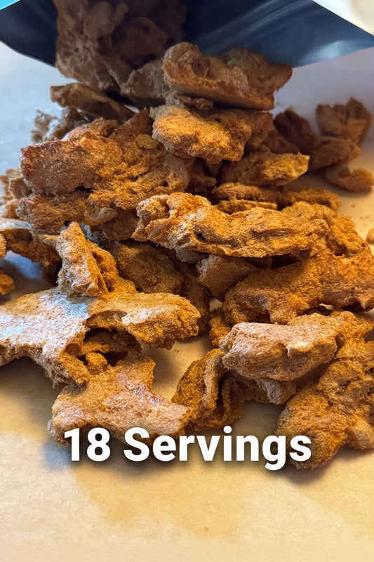 Close up of taco style freeze dried protein strips that look light and crunchy