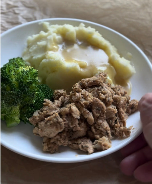 Holiday feast featuring plant-based protein strips and rustic mashed potatoes for quick, traditional holiday meals