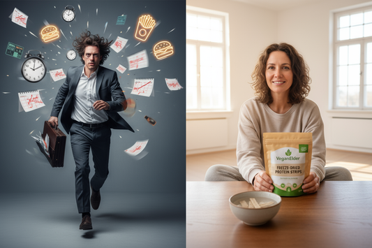 Busy and frazzled on the left is our current reality.  On the right is a person calm because they only spent 5 minutes on their meal.