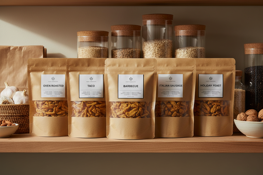 Five VeganElder bulk protein strip bags organized on a home pantry shelf