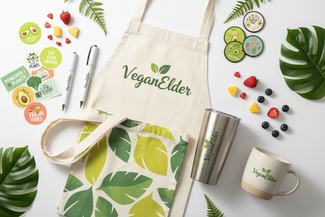 "VeganElder branded merchandise collection including a retractable pen, assorted labels and magnets, white apron, metal commuter tumbler, reusable tote bag, and ceramic mug, arranged in a lifestyle flat lay with green leafy accents."