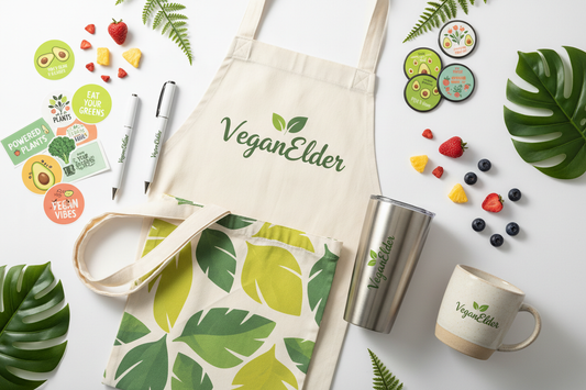"VeganElder branded merchandise collection including a retractable pen, assorted labels and magnets, white apron, metal commuter tumbler, reusable tote bag, and ceramic mug, arranged in a lifestyle flat lay with green leafy accents."