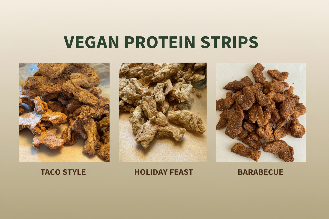 Freeze-dried plant-based protein strips made from Butler Foods Soy Curls, available in single servings and bulk packs"Freeze-dried plant-based protein strips made from Butler Foods Soy Curls, available in single servings and bulk packs