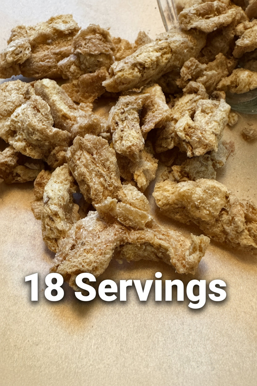 Close up of Holiday Feast style freeze dried protein strips that look light and crunchy