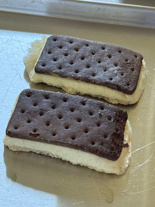 Two chocolate sandwich cookies on a metallic surface that look like ice cream sandwiches that have been freeze dried
