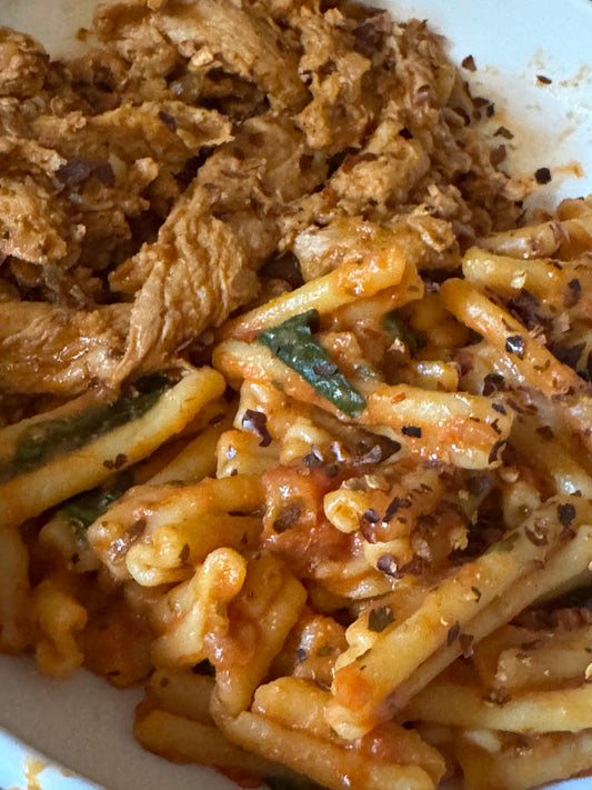 Plate of pasta with a side of Italian Sausage style Protein Strips