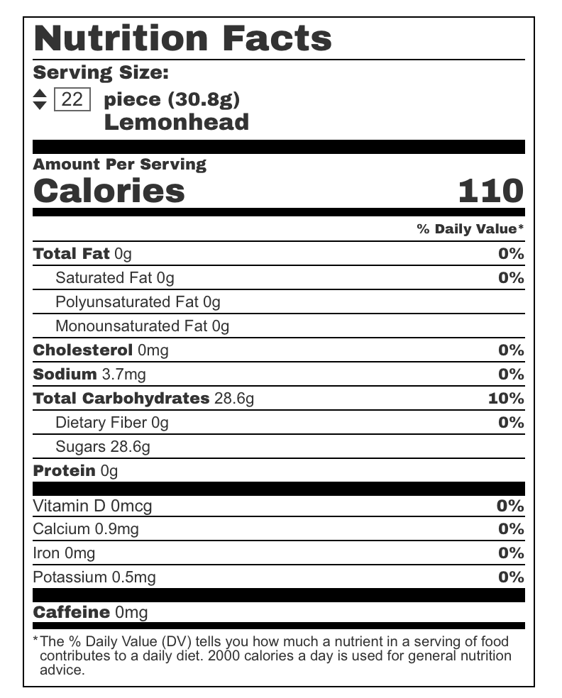 Nutrition facts label for a lemonhead candy, showing calories and nutritional content per serving.