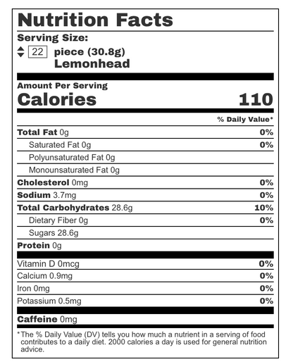 Nutrition facts label for a lemonhead candy, showing calories and nutritional content per serving.