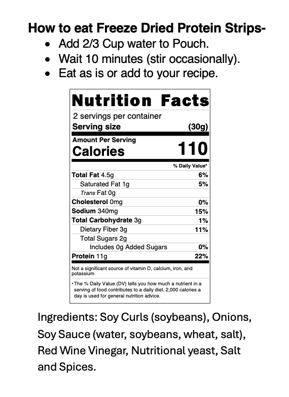 Nutrition label and instructions for eating freeze-dried protein strips on a white background