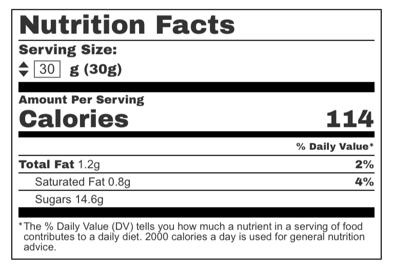 Nutrition facts label with serving size, calories, and fat content.