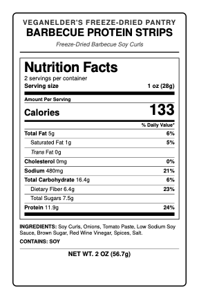 Nutrition Facts and Ingredients for barbecue protein strips by VeganElder's Freeze-Dried Pantry.  Calories are 133 per 1 oz serving with 11.9g of Protein