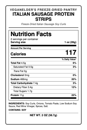 nutrition facts Italian Sausage Protein Strips showing 117 calories per serving with 11 G protein per serving