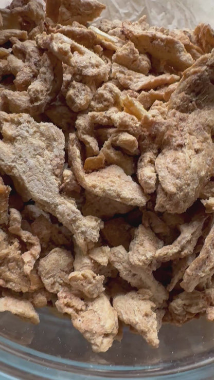 Freeze Dried Plant Protein Strips in a bowl. 