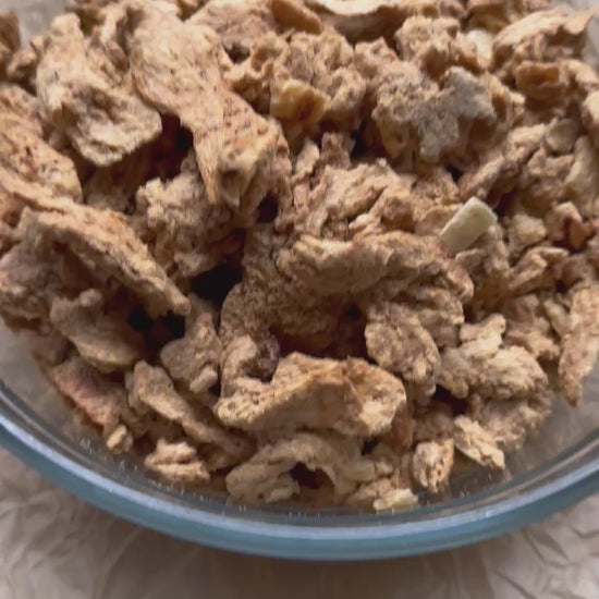 Video of plant protein strips in a bowl.  They are freeze dried and look like familiar chunks of white meat.