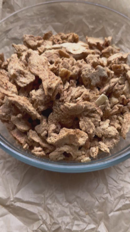 Video of plant protein strips in a bowl.  They are freeze dried and look like familiar chunks of white meat.