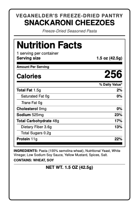  Nutrition Facts label for VEGANELDER'S FREEZE-DRIED PANTRY SNACKARONI CHEEZOES freeze-dried pasta, showing serving size 1.5 oz (43g) and calories 163 and 11g Protein and 1.5g Fat