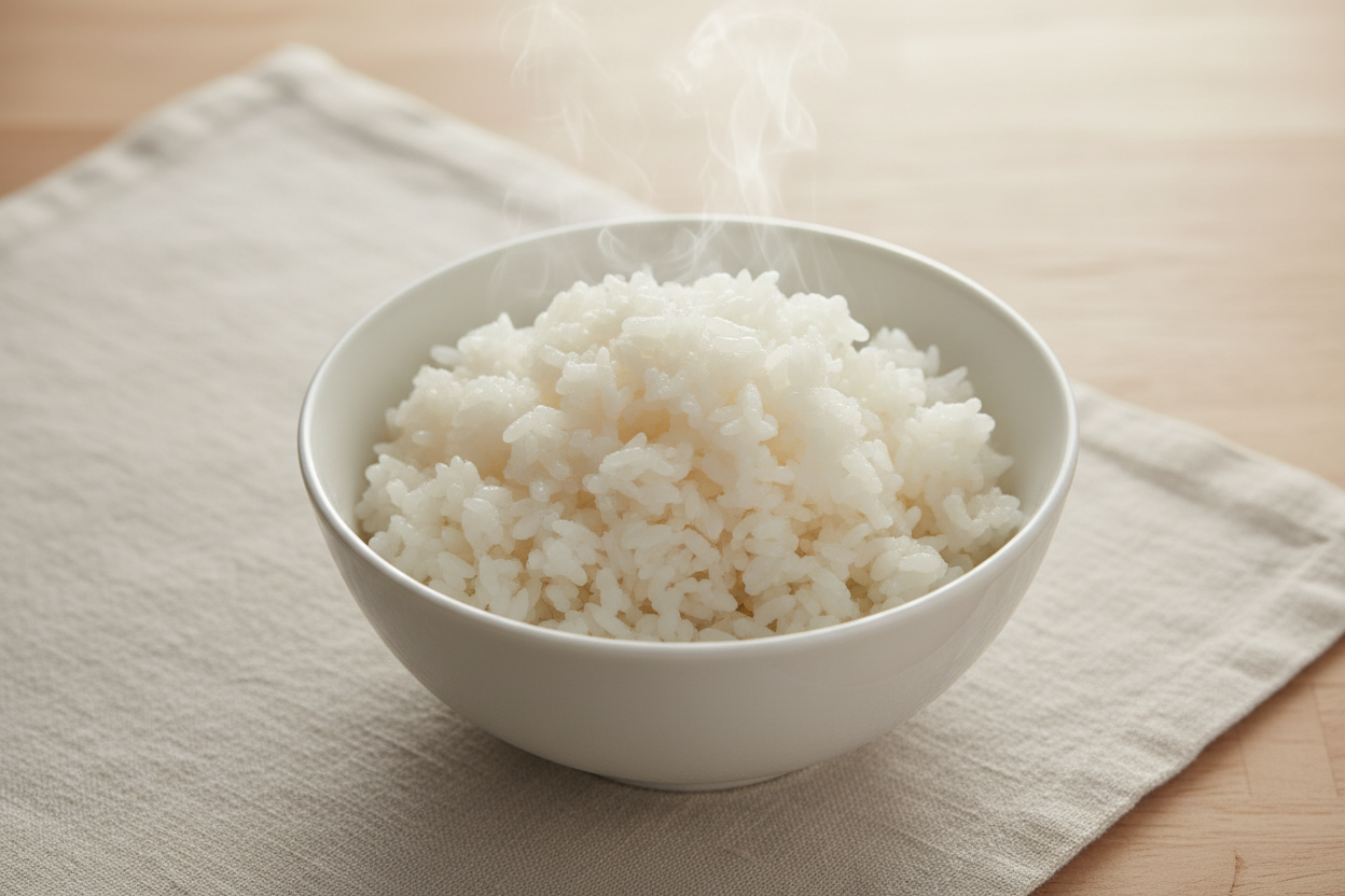 Steaming white rice in bowl
